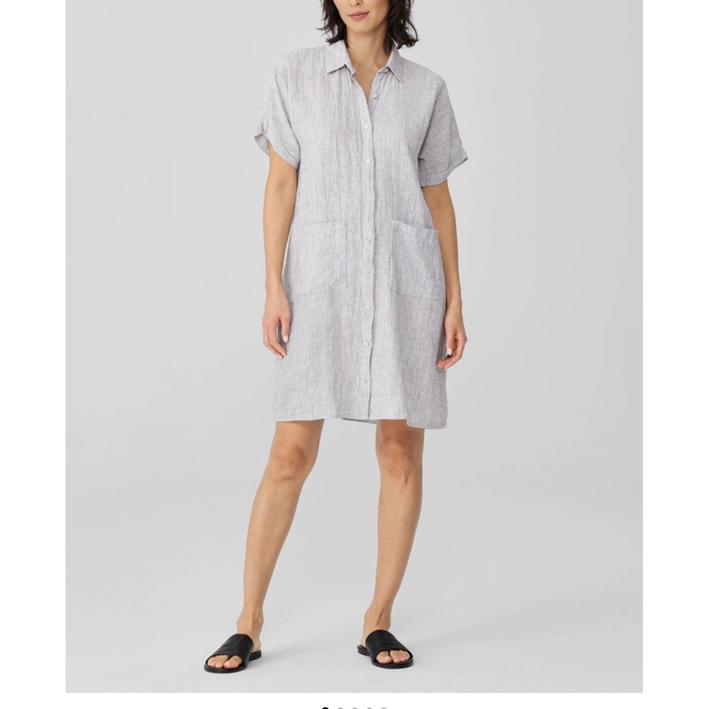 Eileen Fisher Organic Linen Striped Short Sleeve Shirt Dress Grey White L L/G
